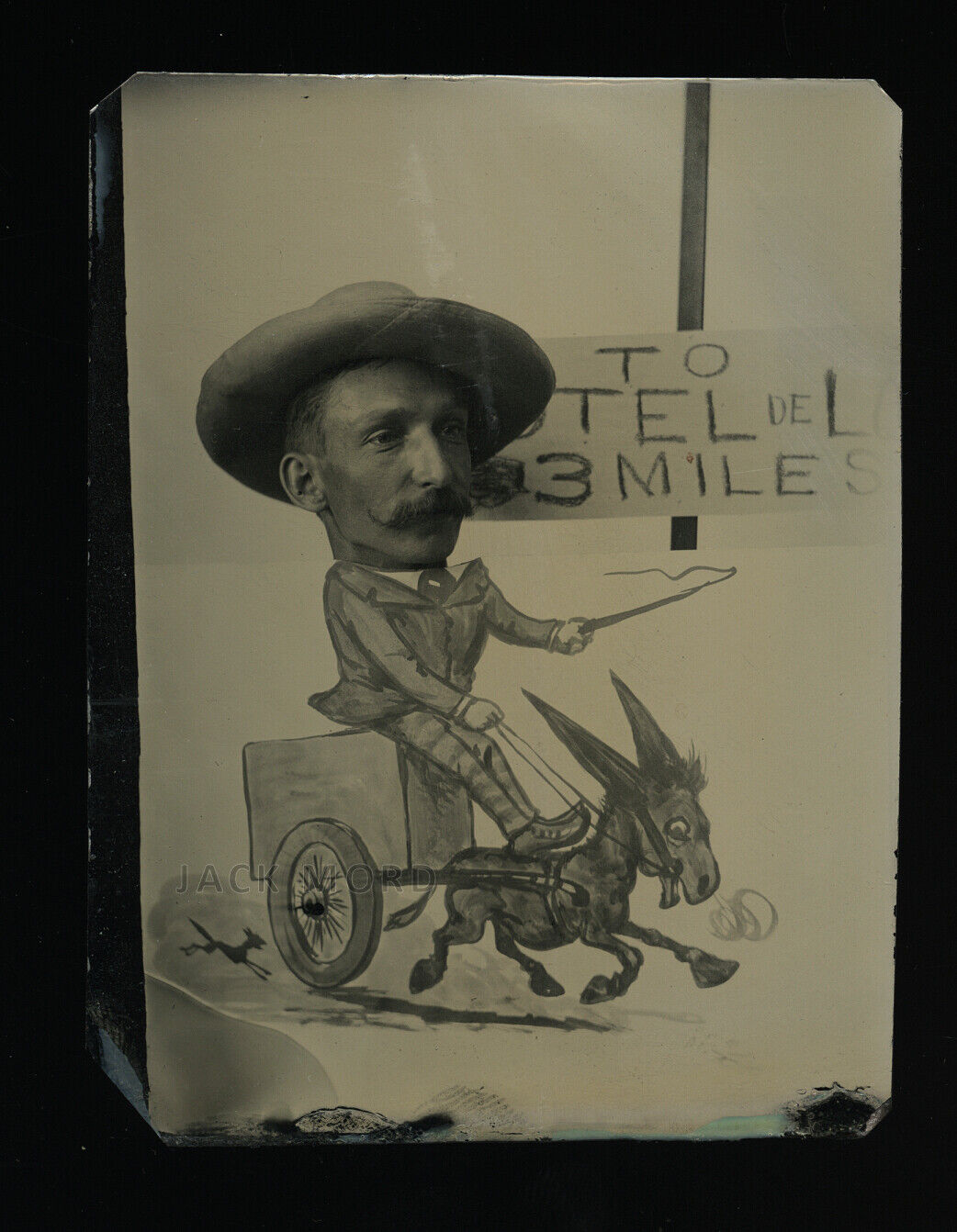 Excellent 1880s Cartoon Novelty Tintype Photo Man Riding Donkey Cart Sign & Dog