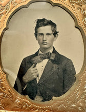Load image into Gallery viewer, 1/6 Ambrotype Teen Boy Cowlick In Hair Big Bow Tie + Cool Brass Mat 1850s Photo
