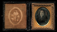 Miniature 1/16 Daguerreotype Smiling Widow Black Mourning Dress & Veil 1850s