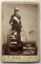 Load image into Gallery viewer, Identified Banner Lady From Kansas Advertising Dress Antique Cabinet Card 1880s
