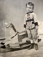 Load image into Gallery viewer, Excellent Tintype Little Boy w Double Head Toy Rocking Horse Antique Photo 1870s
