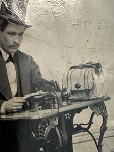 Tintype ID'd Man Using Textile or Telegraph Machine SUICIDE Death, OCCUPATIONAL