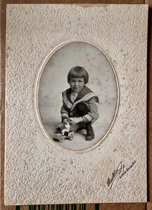 Antique Photo Little Boy with LEHMANN TUT TUT WindUp Toy Tin Car 1900s