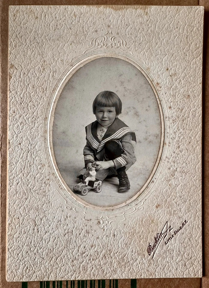 Antique Photo Little Boy with LEHMANN TUT TUT WindUp Toy Tin Car 1900s
