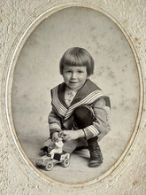 Load image into Gallery viewer, Antique Photo Little Boy with LEHMANN TUT TUT WindUp Toy Tin Car 1900s
