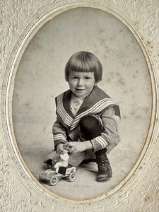 Antique Photo Little Boy with LEHMANN TUT TUT WindUp Toy Tin Car 1900s