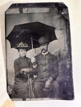 Load image into Gallery viewer, Victorians With Parasol Umbrella Woman &amp; Man In Musician Uniform Tintype Photo
