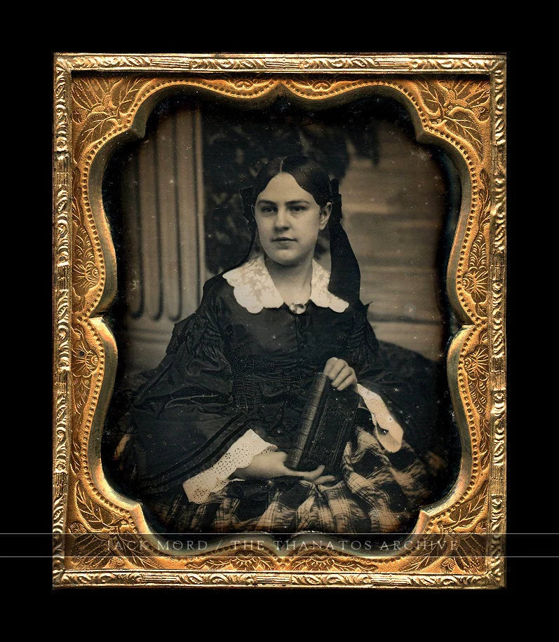 Daguerreotype Photo Beautiful Woman Holding Book Painted Scenic Backdrop 1850s