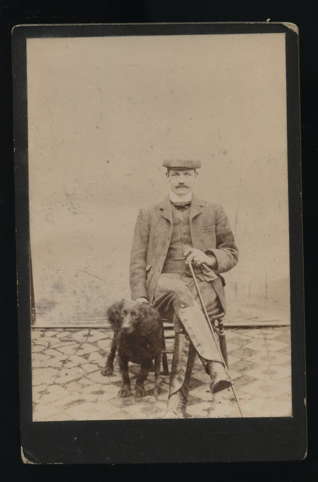 Man in Hat Posing with Spaniel Dog Cabinet Card 1880s Photo Outdoor