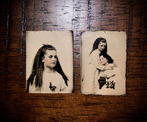 Two Miniature 1860s Gem Tintype Pretty Girls with Long Hair, Affectionate Pose