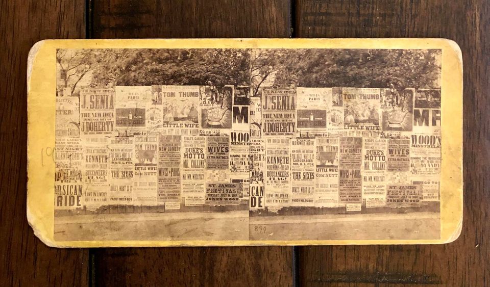 Rare 1860s Stereoview Wall with Great Broadsides including Tom Thumb & Wife