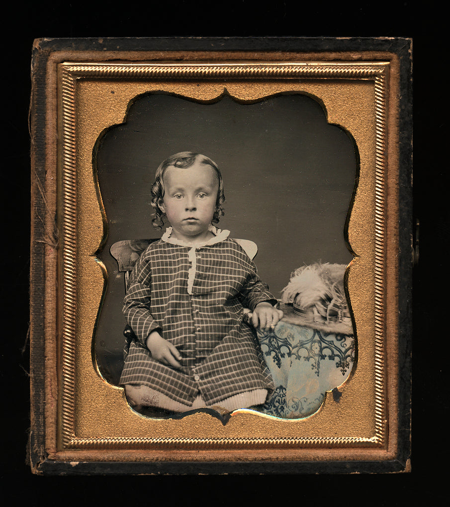 1/6 1850s Daguerreotype Little Boy with Long Hair & Big Hat, Tinted