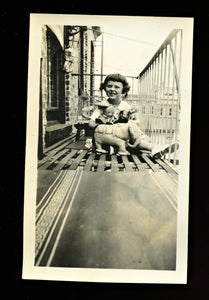 fire escape girl with toys black doll elephant & bird in cage! vintage snapshot photo