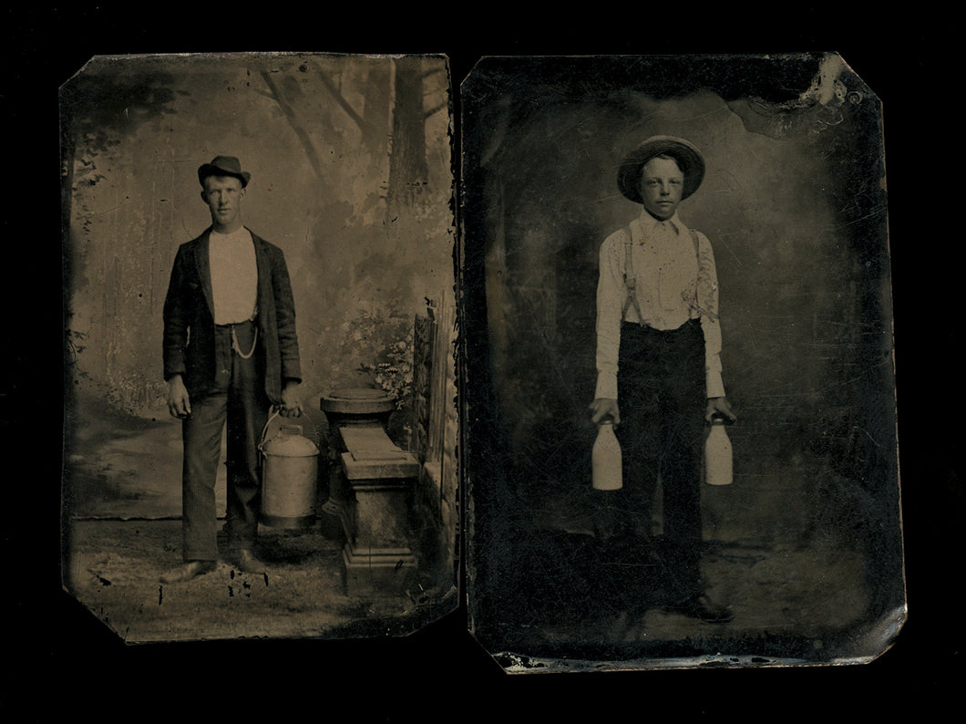 occupational lot - two antique tintype photos dairymen / milkmen
