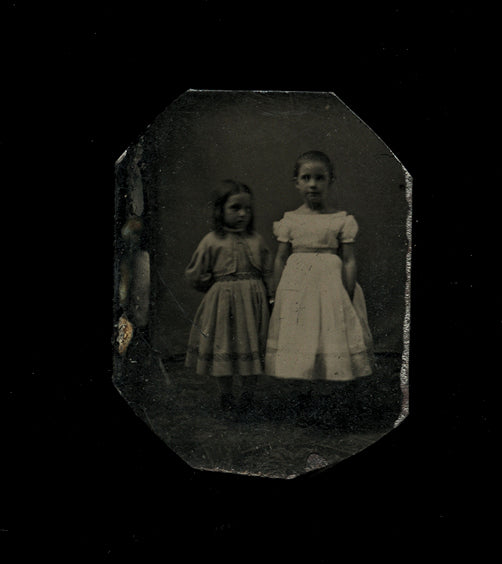 Miniature Tintype Photo Little Girls Holding Hands Full Body Standing Portraits!