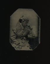 Load image into Gallery viewer, Miniature Tintype Photo Moody Girl Wearing Hat and Lace Veil 1860s Massachusetts
