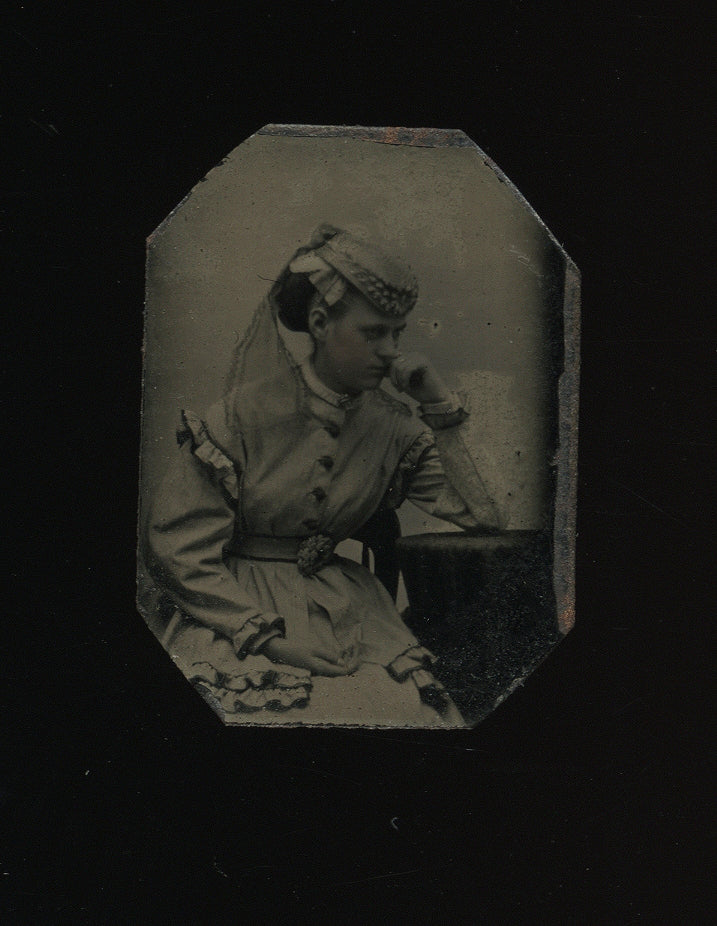 Miniature Tintype Photo Moody Girl Wearing Hat and Lace Veil 1860s Massachusetts