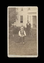 Load image into Gallery viewer, antique vintage 1800s outdoor cdv photo old man holding cat in front of house
