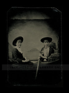 Antique / 1800s Tintype Photo Two Girls Young Women Rowing A Prop Boat - EXCOND!