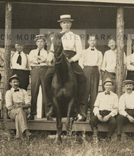 Load image into Gallery viewer, Unusual Old Photo Large Group of Men On House Porch - Man Riding Horse ++ Dog!
