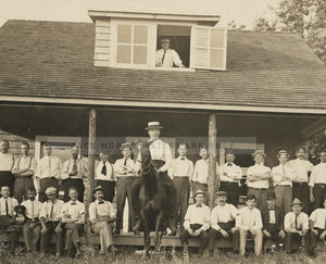 Unusual Old Photo Large Group of Men On House Porch - Man Riding Horse ++ Dog!