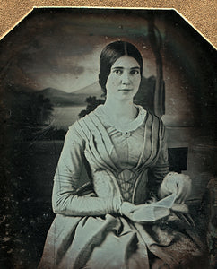 Pretty Woman Reading Book 1840s Daguerreotype Beautiful Painted Backdrop, Plumbe