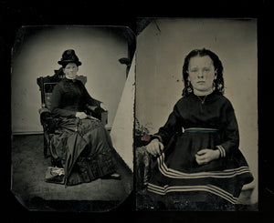 Very Nice Tintype Photos Woman Next to Reflecting Screen & Girl w Tinted Flowers