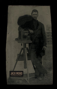Rare 1860s 1870s Tintype Photographer Posing with His Camera Outdoor Studio