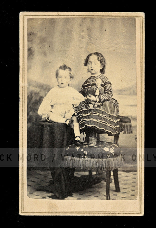 1860s CDV Photo Children, Girl Holding Toy Doll Carson City Nevada Photographer