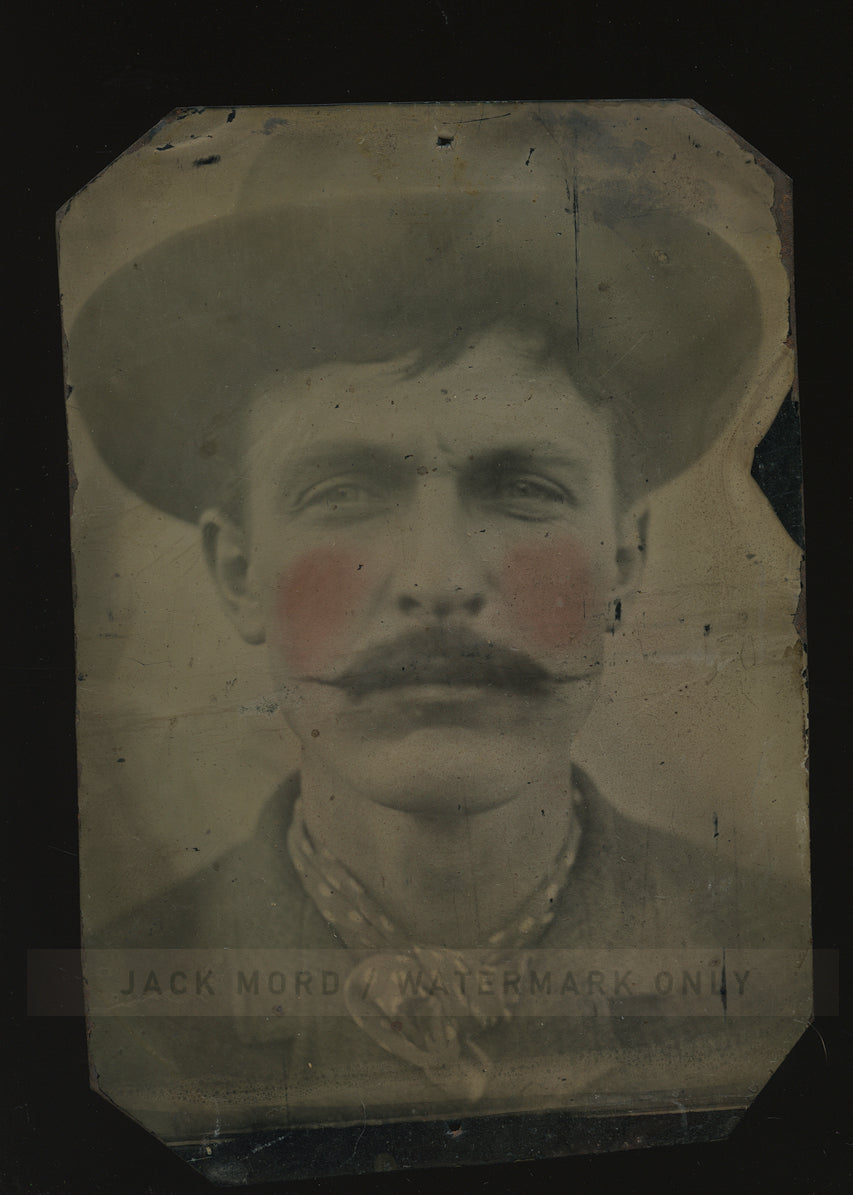 unusual character study tintype close up curled mustache man old time villain or outlaw