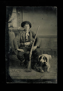 young hunter with shotgun ammo belt & hunting dog 1800s tintype photo