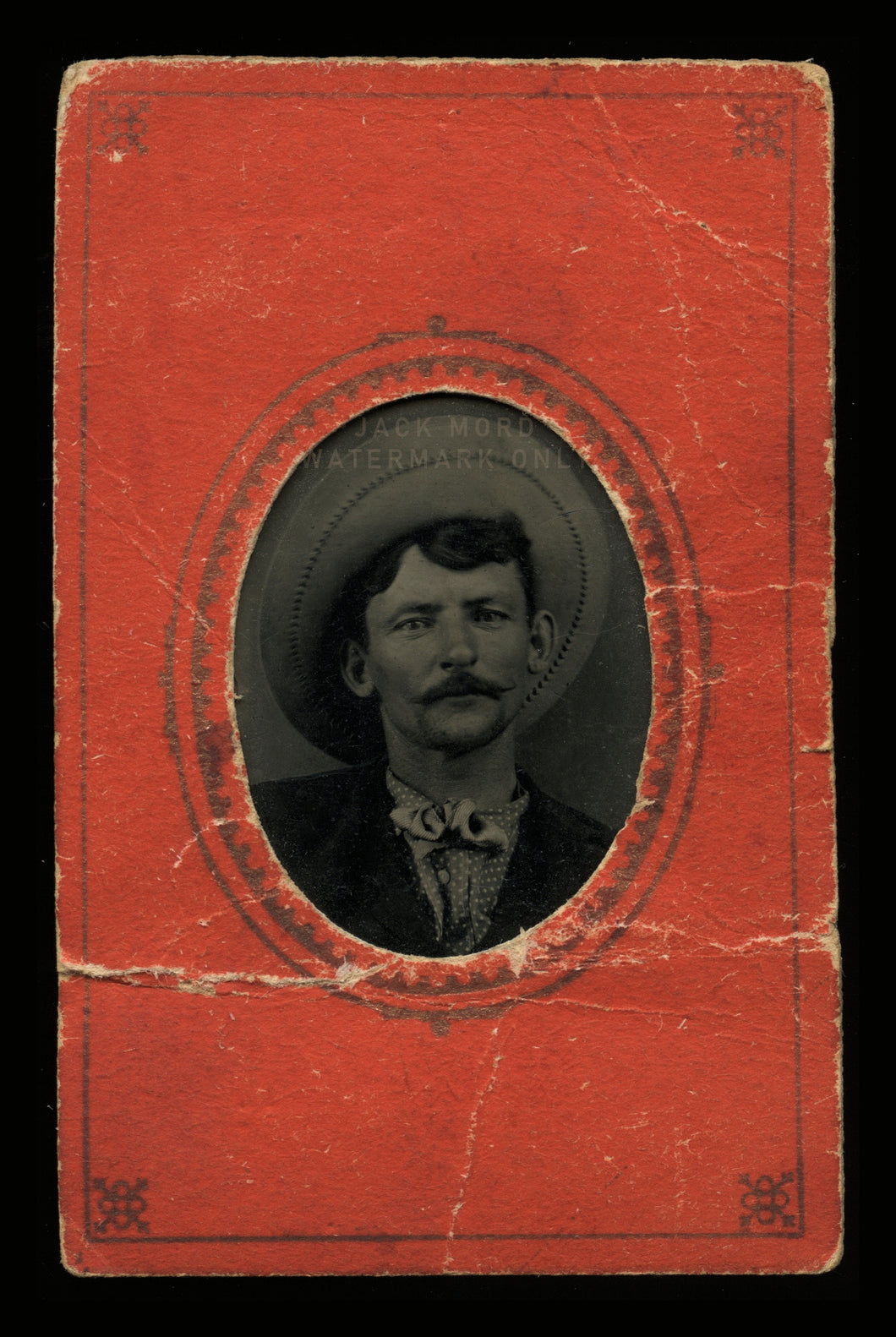 antique 1800s tintype photo of curled mustache man, big cowboy hat fills frame