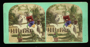1860s tinted stereoview by thorne - little boy riding toy hobby / rocking horse