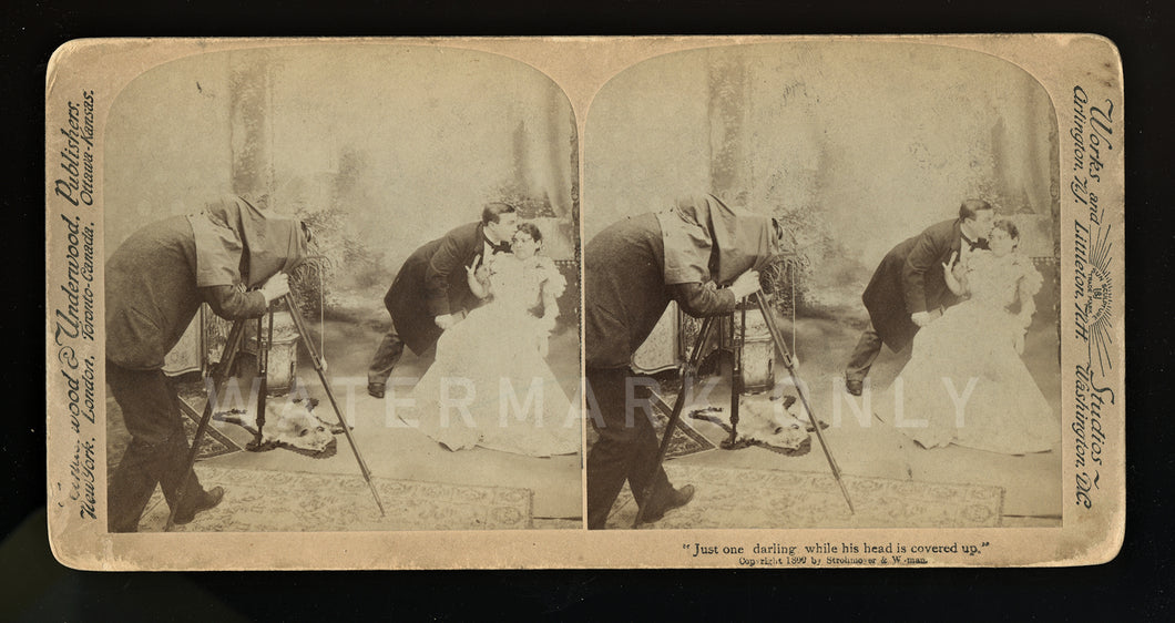 Underwood Stereoview Photo Photographer & Camera Photographing a Couple 1890s