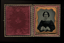 Load image into Gallery viewer, nice c 1860 tintype in full case, pretty woman, tinted pink cuffs &amp; gold jewelry
