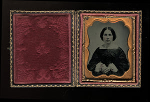 nice c 1860 tintype in full case, pretty woman, tinted pink cuffs & gold jewelry