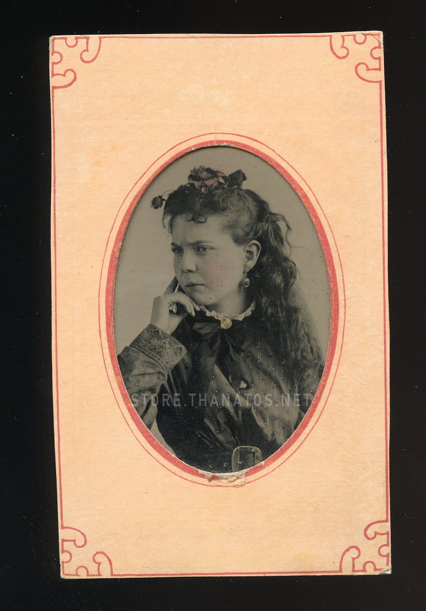 unusual 1870s tintype photo Grumpy Girl! semi profile, tinted jewelry, tennessee