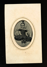 Load image into Gallery viewer, antique 1870s tintype photo funny looking! but cute kid mother hidden by mat
