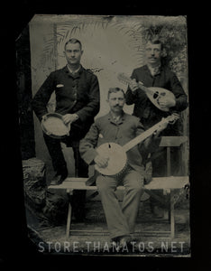 vintage antique 1800s tintype of musicians banjo tambourine mandolin players!