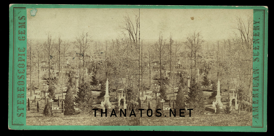 Old 3D Stereoview Photo GREEN-WOOD CEMETERY 1860s / Funeral Graveyard Int.