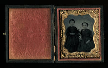 Load image into Gallery viewer, civil war era 1860s tintype photo girls, sisters holding flowers - in mourning?
