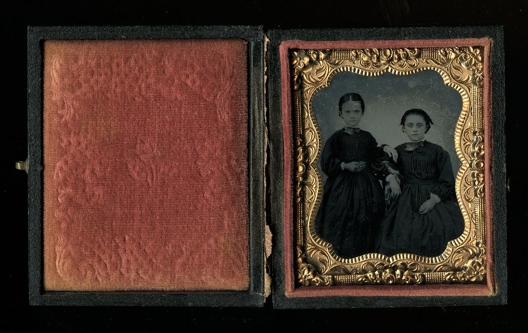 civil war era 1860s tintype photo girls, sisters holding flowers - in mourning?