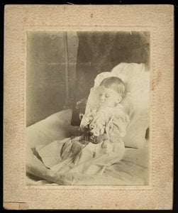 Post Mortem Cabinet Photo, Child Holding Flowers - Antique, Early-1900s