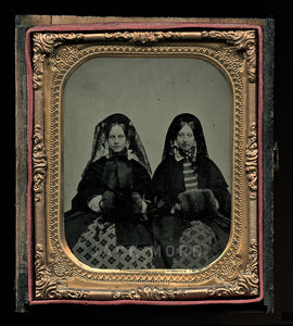 Two Women in Winter Dress, Muffs, Veils - 6th Plate Ambrotype