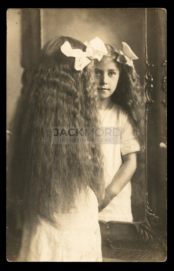 Pretty Long Hair Girl in Mirror 1910s Real Photo Postcard, Missouri, RPPC