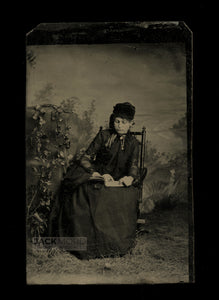reading woman antique tintype photo
