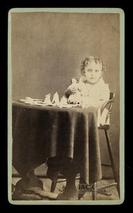 1870s CDV Little Girl Having Tea Party Holding Doll in Lap, Monticello, Illinois