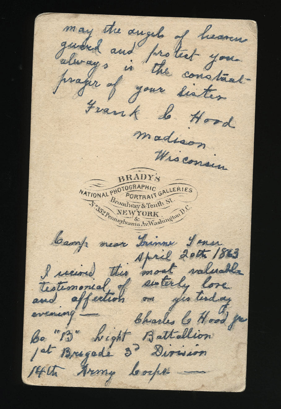Mathew Brady CDV with Handwritten Note By Civil War Soldier XIV Union Army Corps