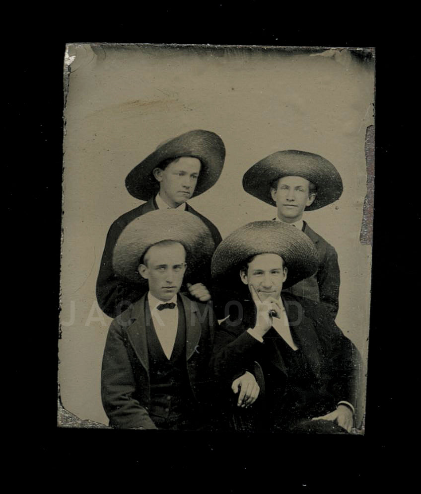 1860s 1870s Gem Tintype Photo Handsome Young Men Friends Wearing Big Hats!