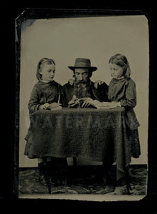 intriguing tintype man showing open watch or photo locket to little girls 1800s